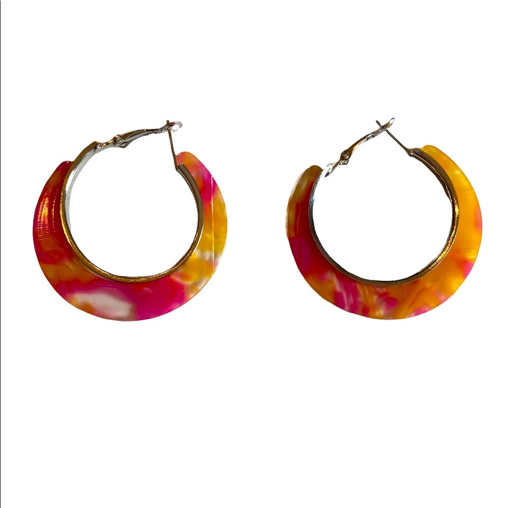 Tropical Marbled Pink and Yellow Hoop Earrings